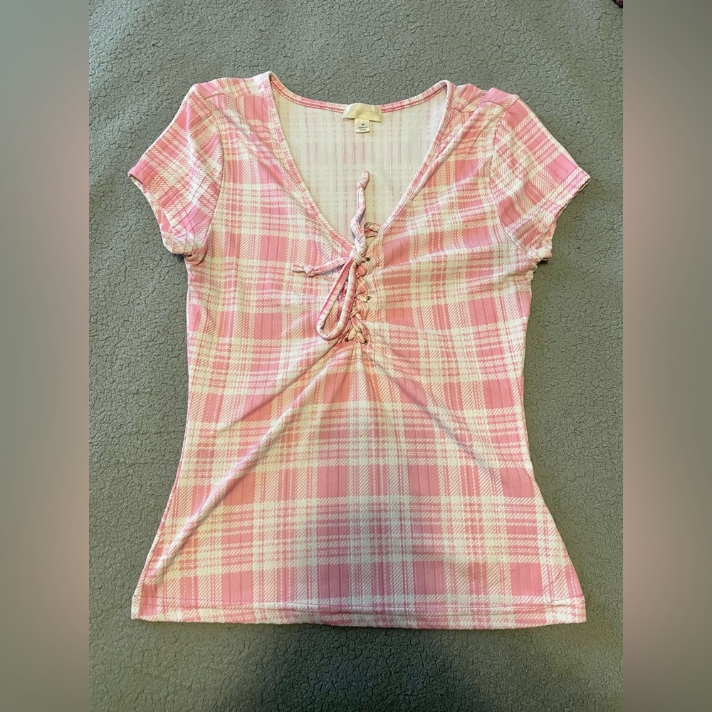 Coquette Pink Bow Plaid Lace-Up Women's Top